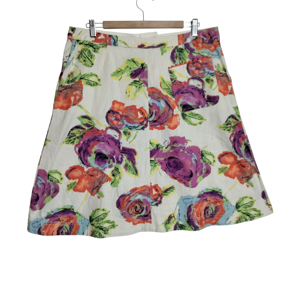J. Jill Floral Cotton A-Line Skirt Size 16 Petite Colorful Rose Print Pocket